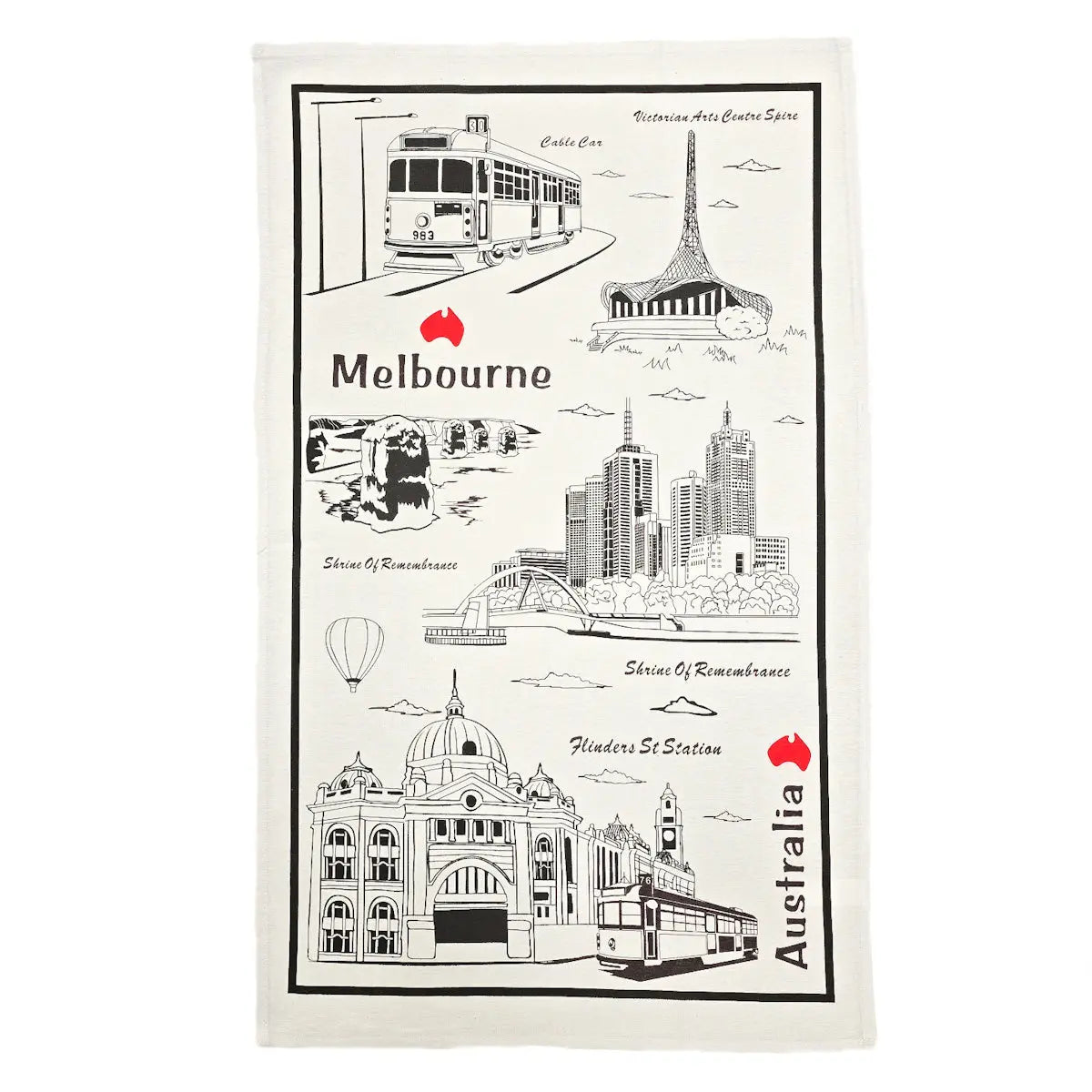 Black and White Melbourne Tea Towel Allanson Souvenirs