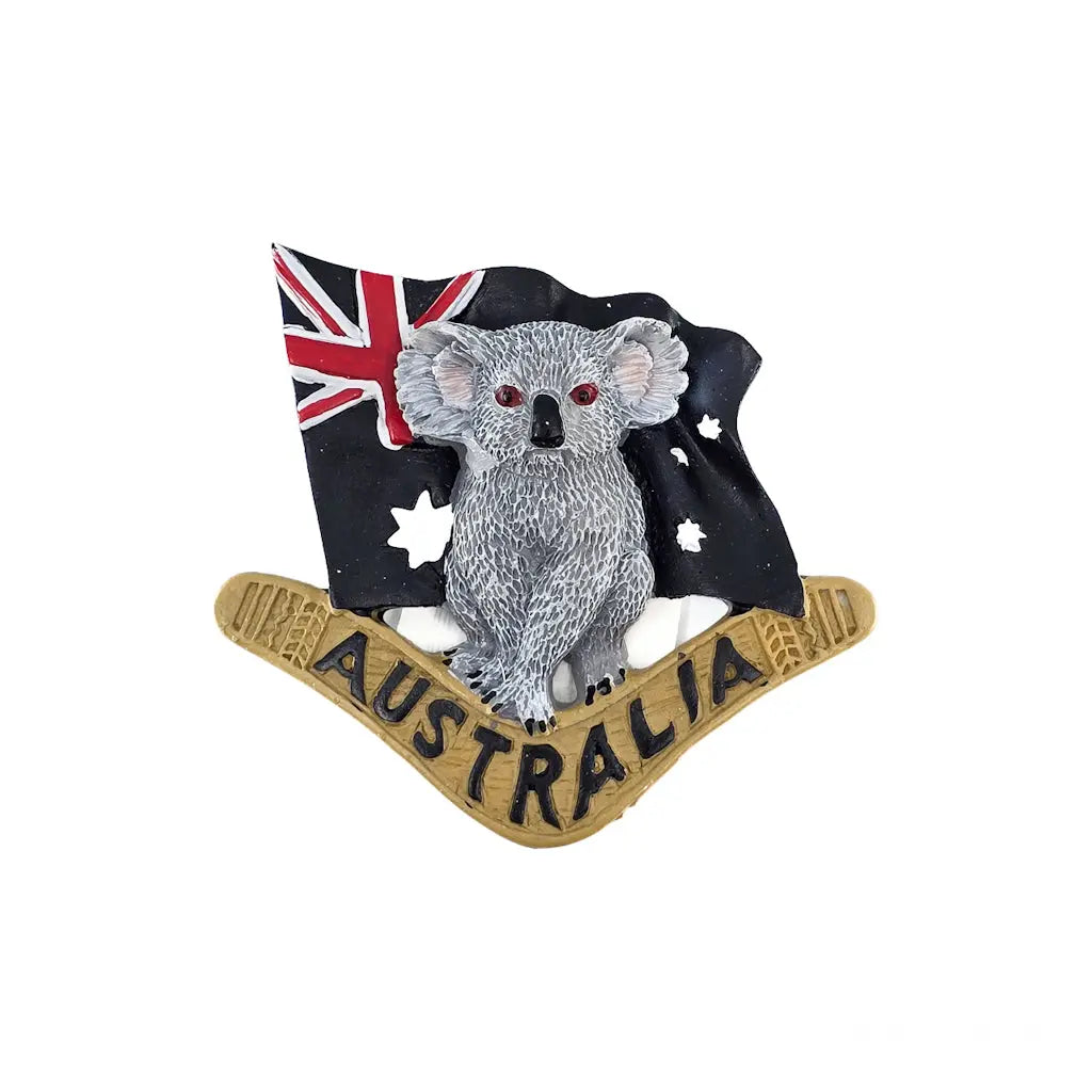 Koala with Flag on Boomerang Magnet -Allanson Souvenirs