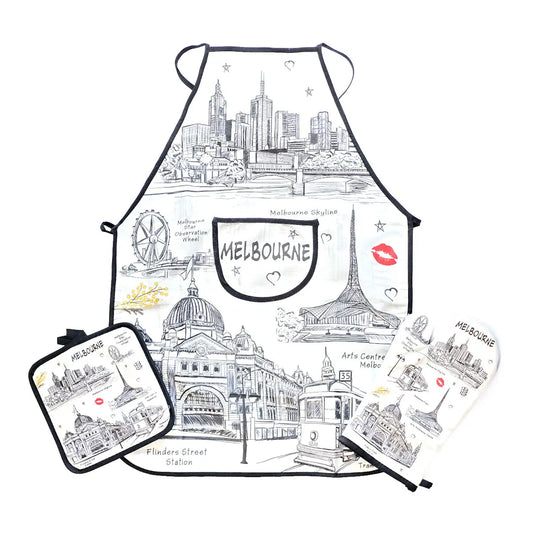 Black and White Melbourne Apron Set - Allanson Souvenirs