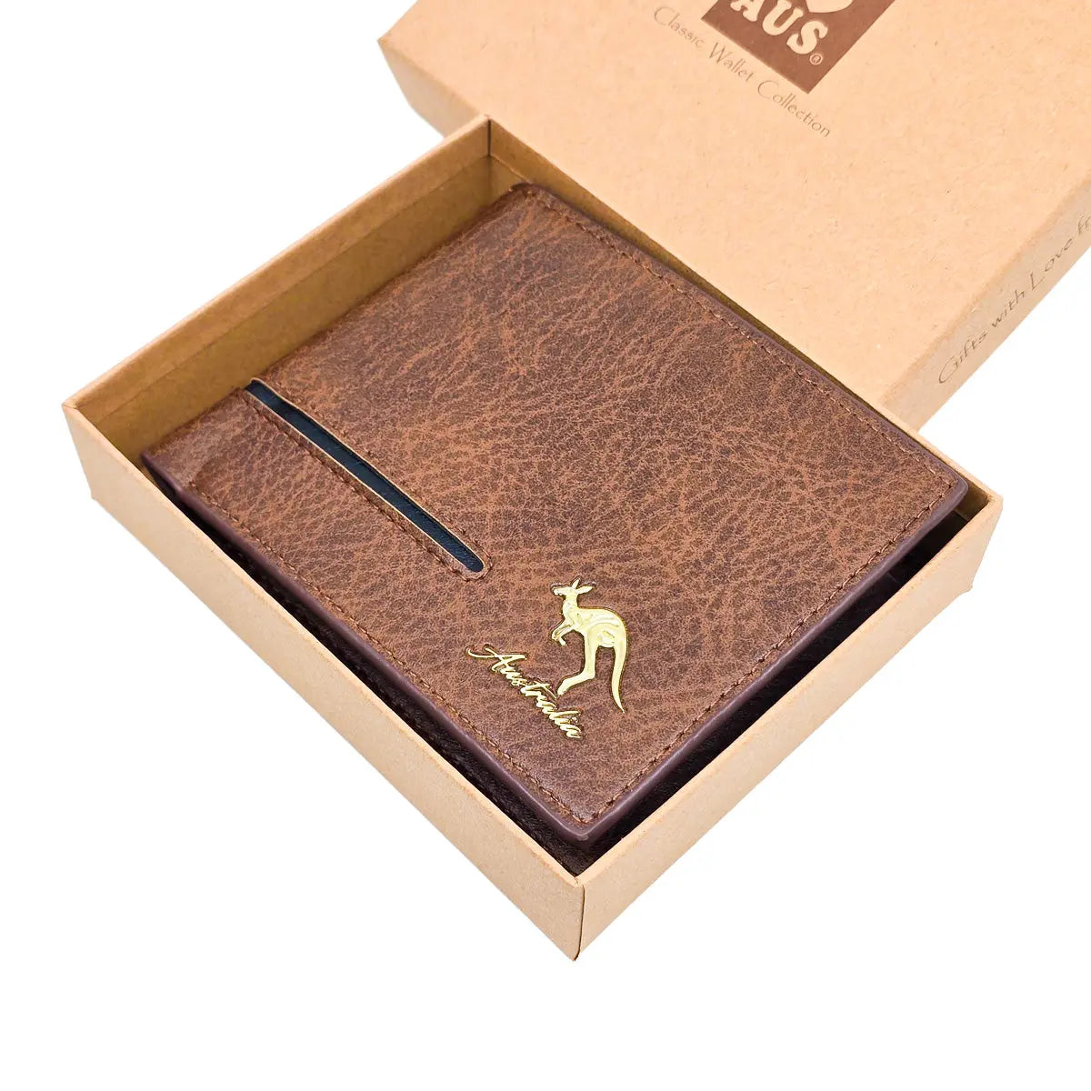 Brown Mens Wallet with Gold Kangaroo - Allanson Souvenirs