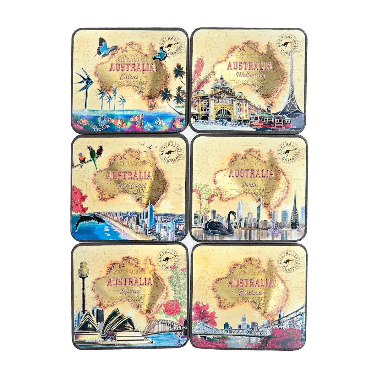 Gold Australia Map and Cities Coasters - Allanson Souvenirs
