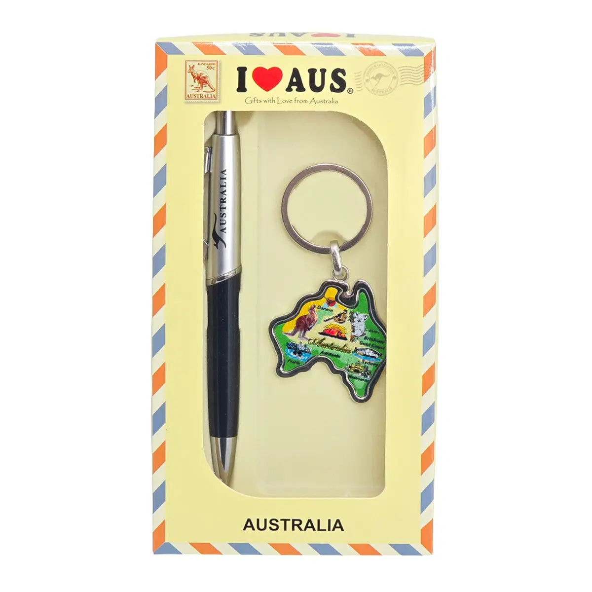 Green Australian Map Keyring Pen Set - Allanson Souvenirs