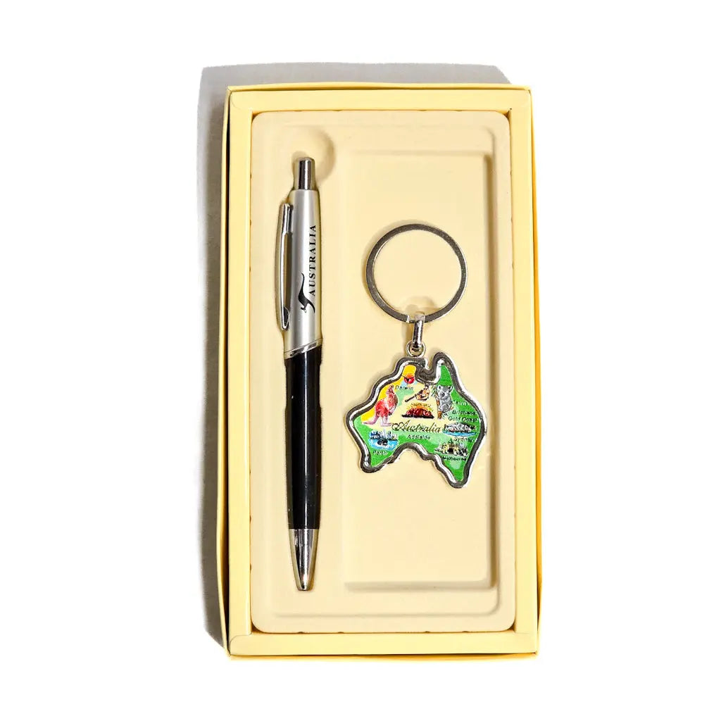 Green Australian Map Keyring Pen Set - Allanson Souvenirs
